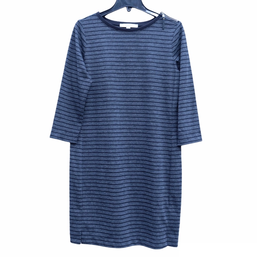 Ann Taylor LOFT Dress Grey 3/4 Sleeve Crewneck Warm Winter Mini Striped EUC S